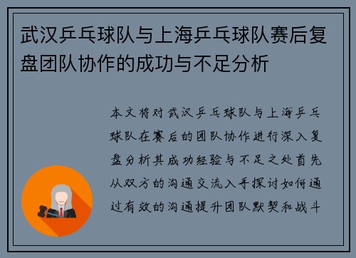武汉乒乓球队与上海乒乓球队赛后复盘团队协作的成功与不足分析